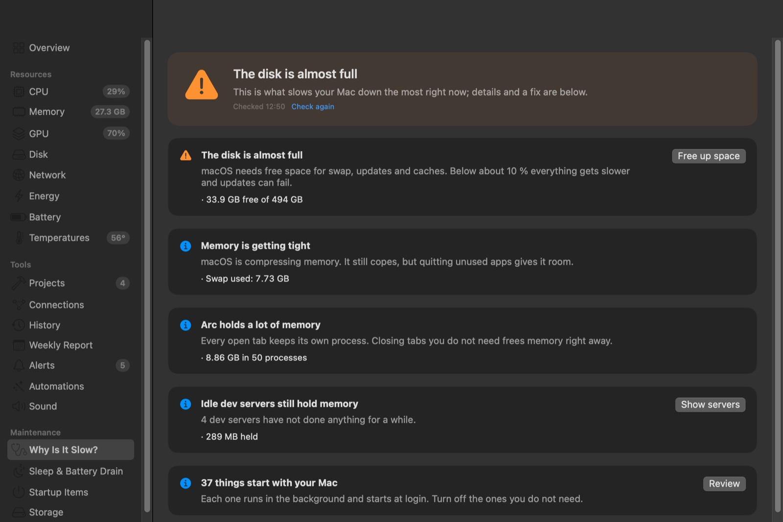 Diagnosis page listing: the disk is almost full, memory is getting tight, idle dev servers still hold memory